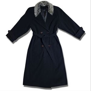 Klass Cashmere Wool Black Faux Fur Trim Long Button-Up Winter Trench Coat
